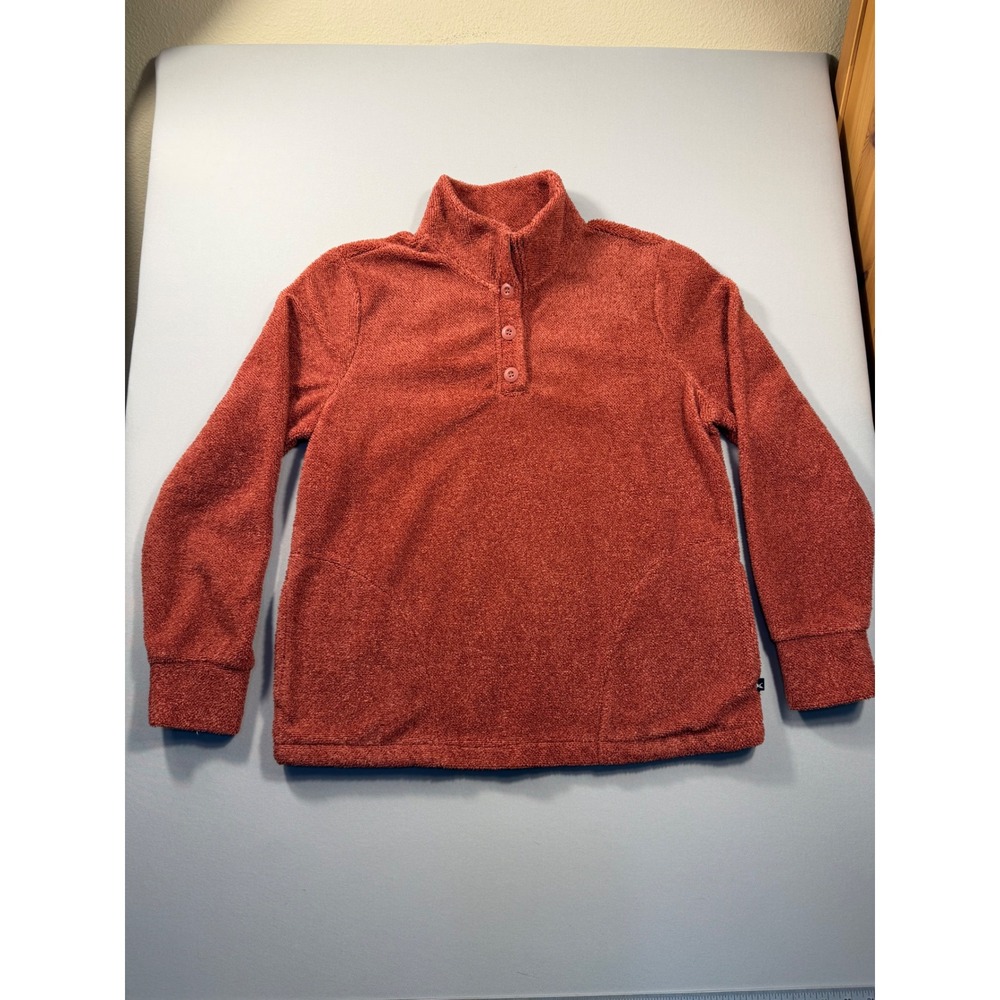 Eddie Bauer Womens M Fleece Pullover Rust Orange Button Henley Sherpa Sweater